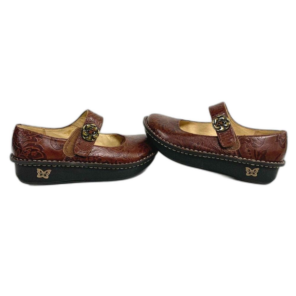 Alegria Paloma Embossed Brown Leather Mary Jane Clogs Size 38 (7.5) - Picture 2 of 7